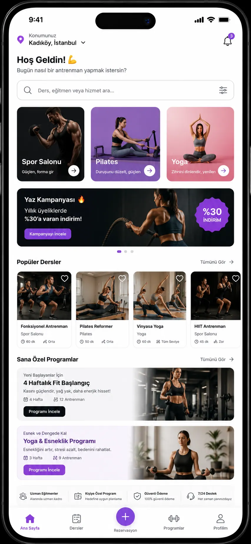 Spor ve ders rezervasyon mobil uygulaması arayüzü