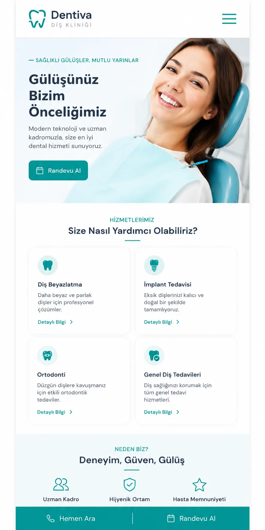 Diş kliniği mobil uyumlu web sitesi arayüzü