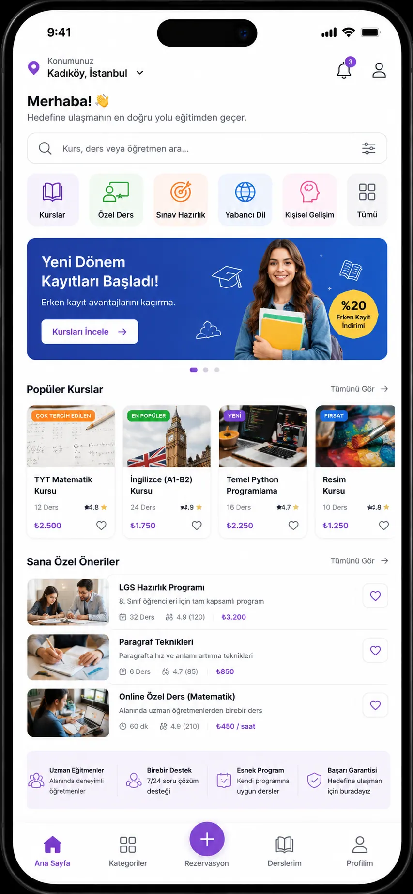 Eğitim ve kayıt mobil uygulaması arayüzü