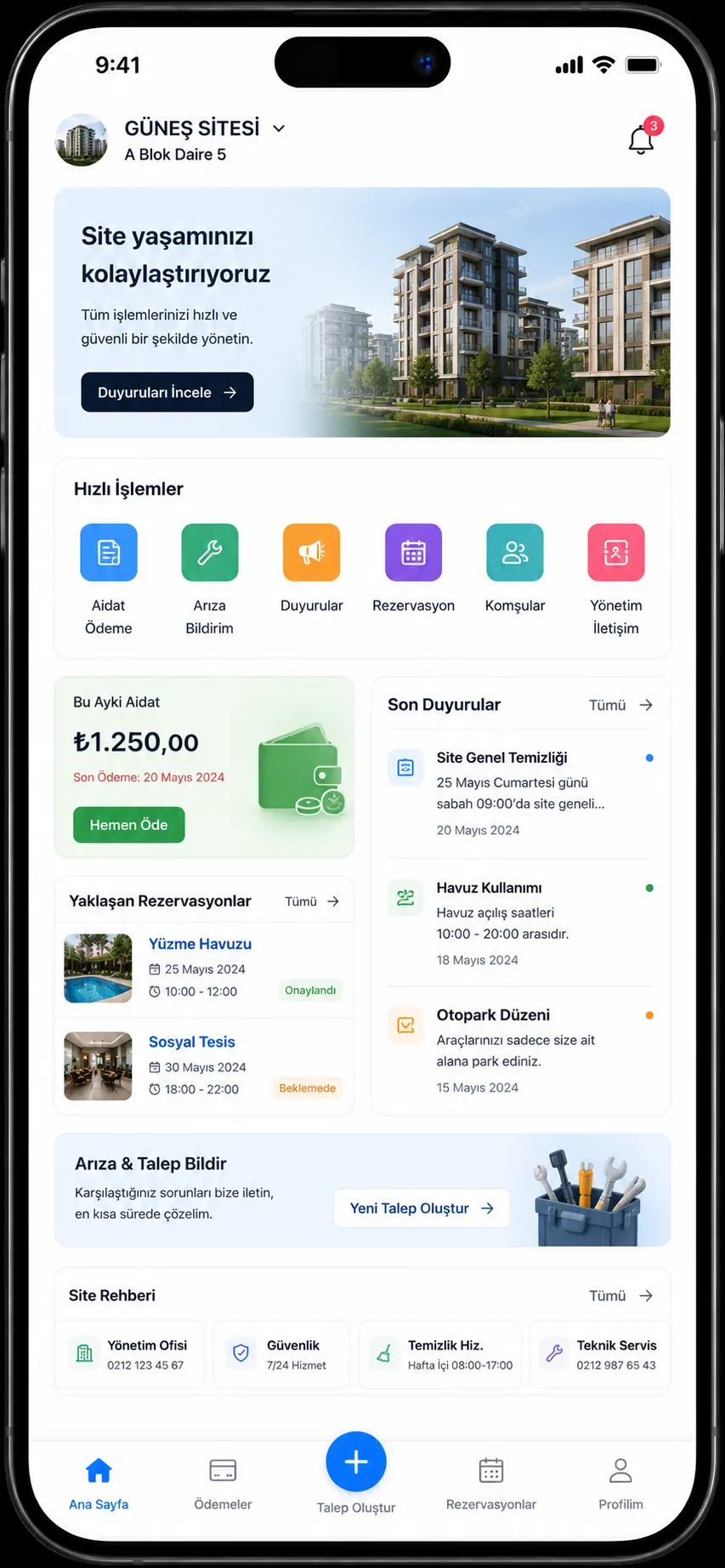 Site yönetimi ve konut mobil uygulaması arayüzü