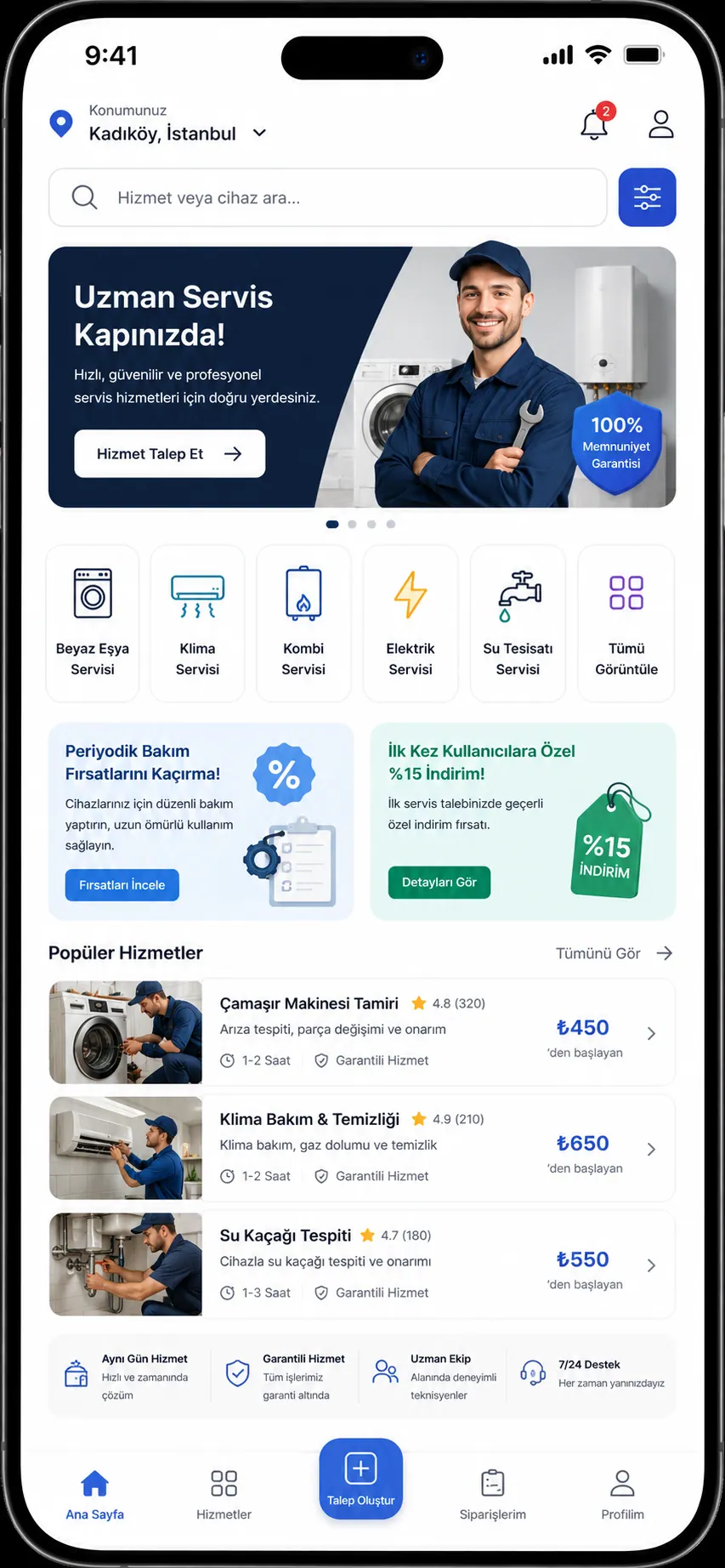 Servis talep mobil uygulama arayüzü