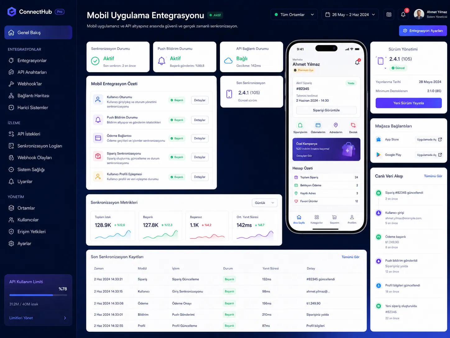 Mobil uygulama entegrasyon ve API yönetim ekranı