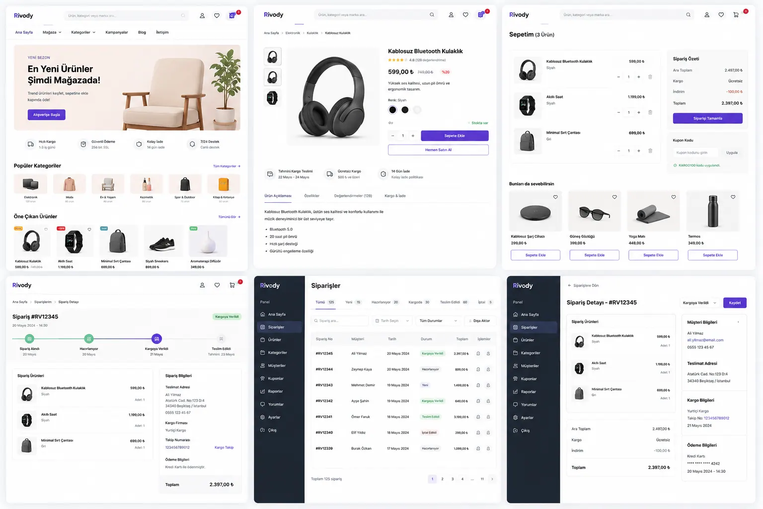 E-ticaret web sitesi ve sipariş paneli ekranları