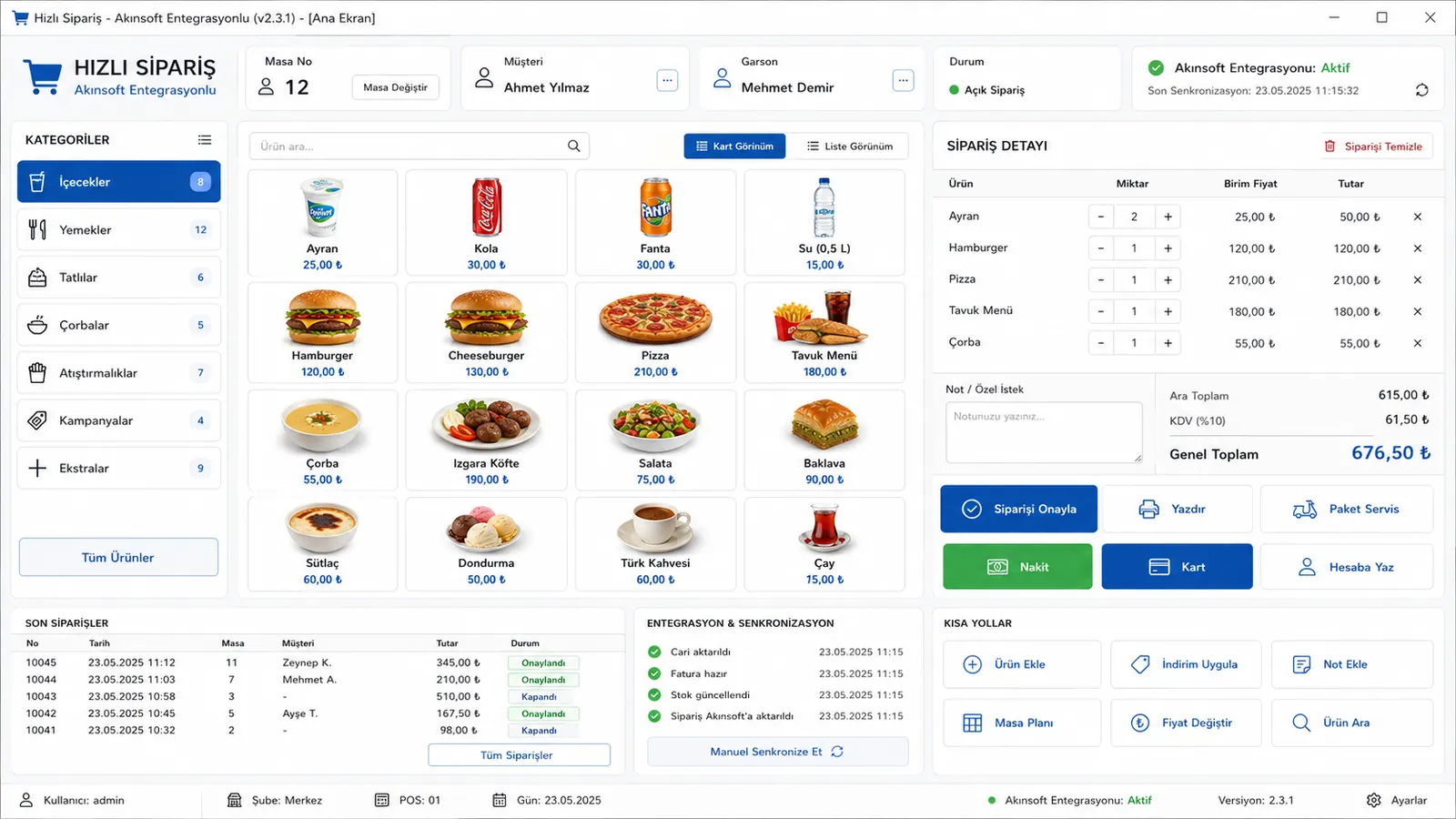 Akınsoft entegreli hızlı sipariş ve mutfak paneli ekranı